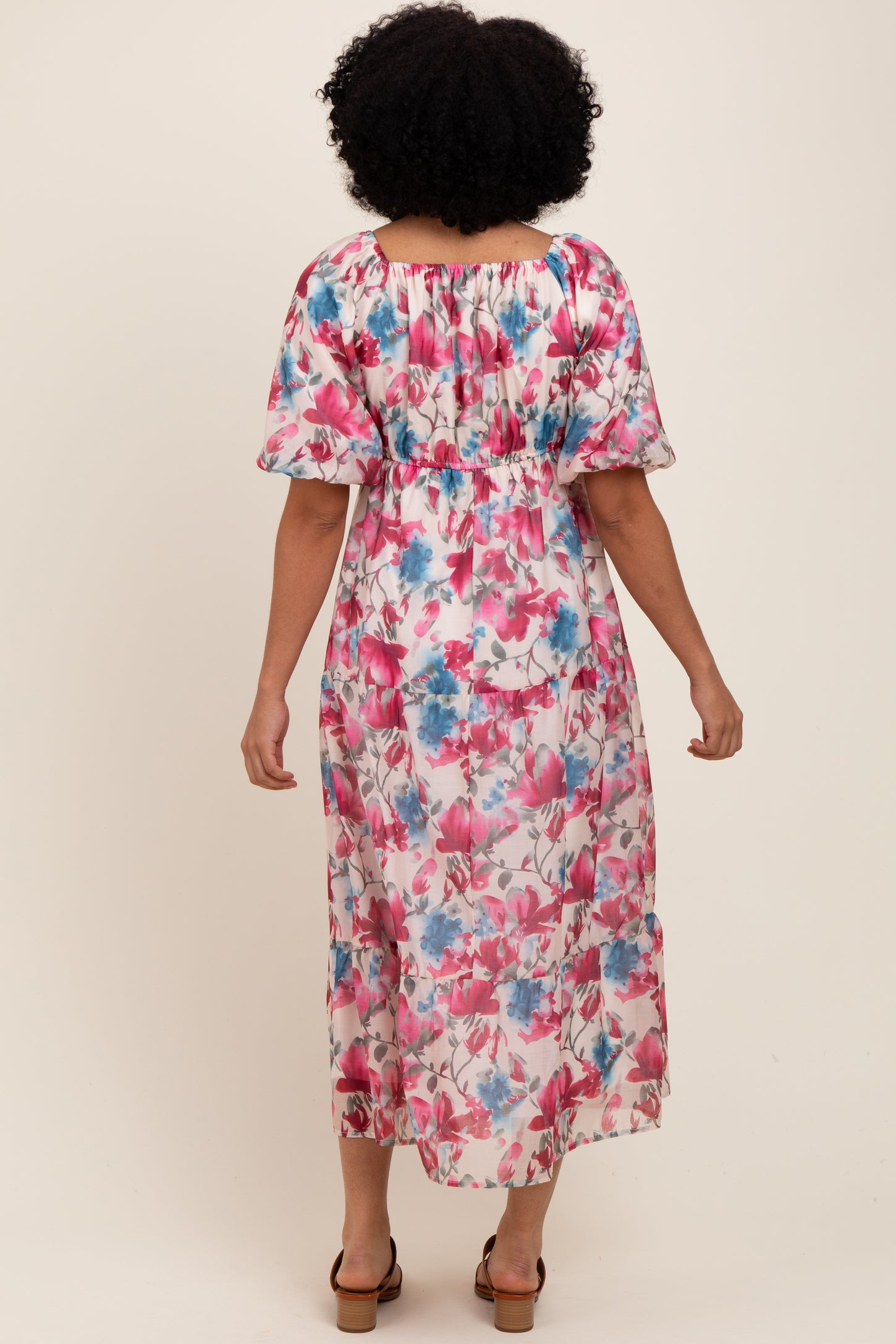 Pink Floral Tiered Puff Sleeve Midi Dress