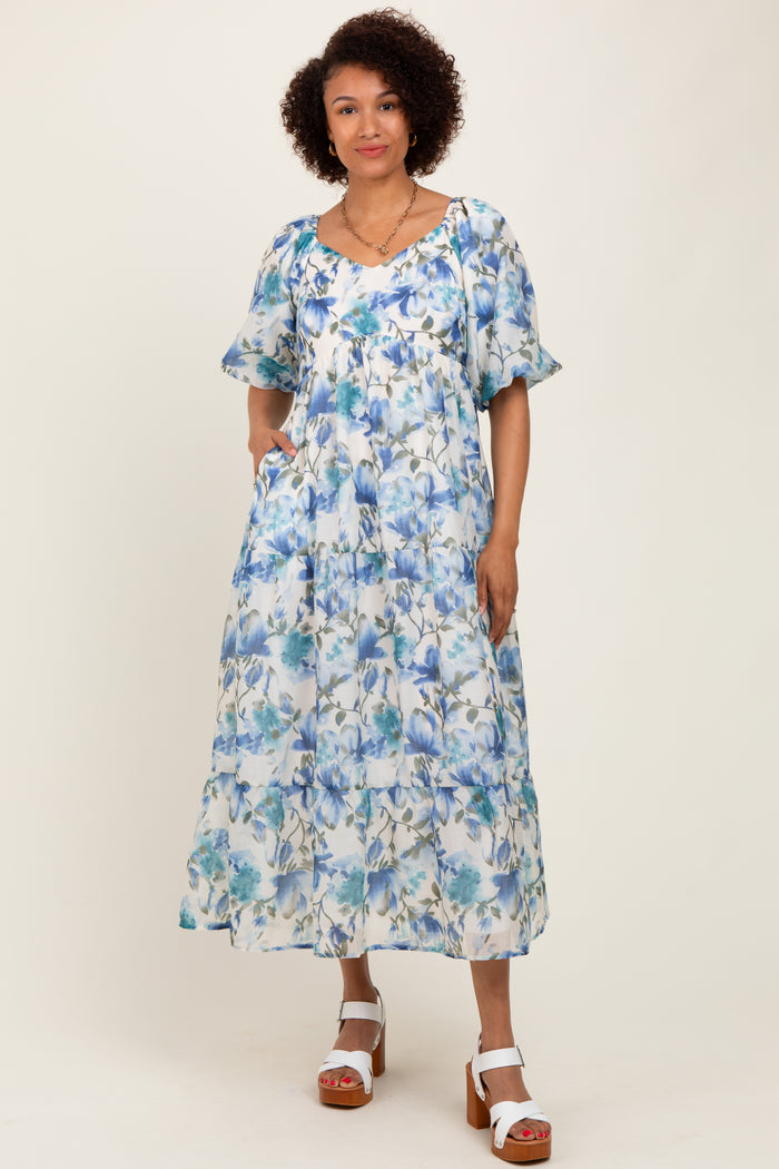 Blue Floral Tiered Puff Sleeve Midi Dress