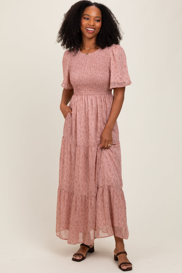 Mauve Floral Smocked Tiered Maternity Midi Dress
