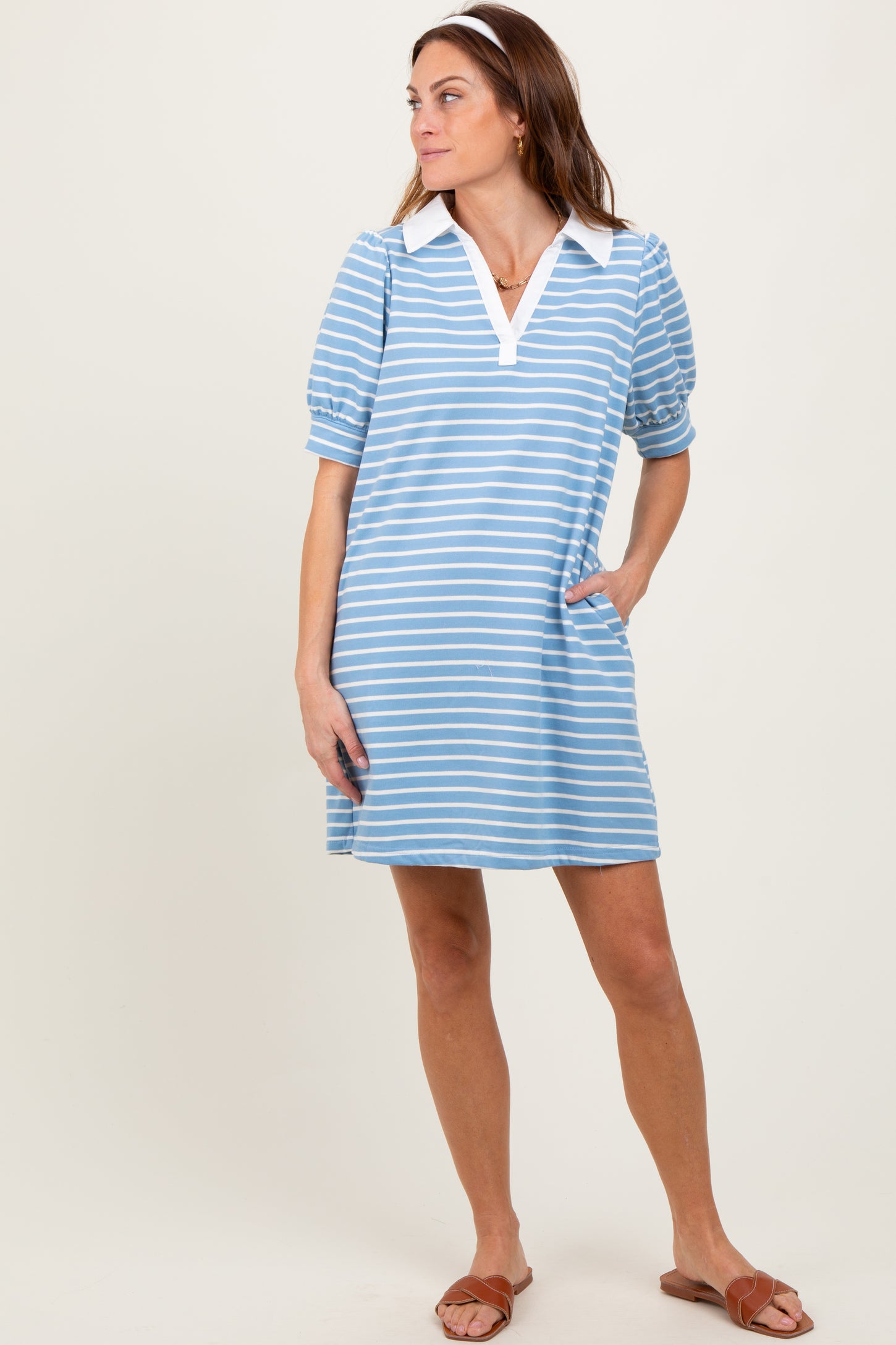 Light Blue Striped Collared Puff Sleeve Maternity Dress
