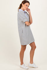 White Striped Collared Puff Sleeve Dress