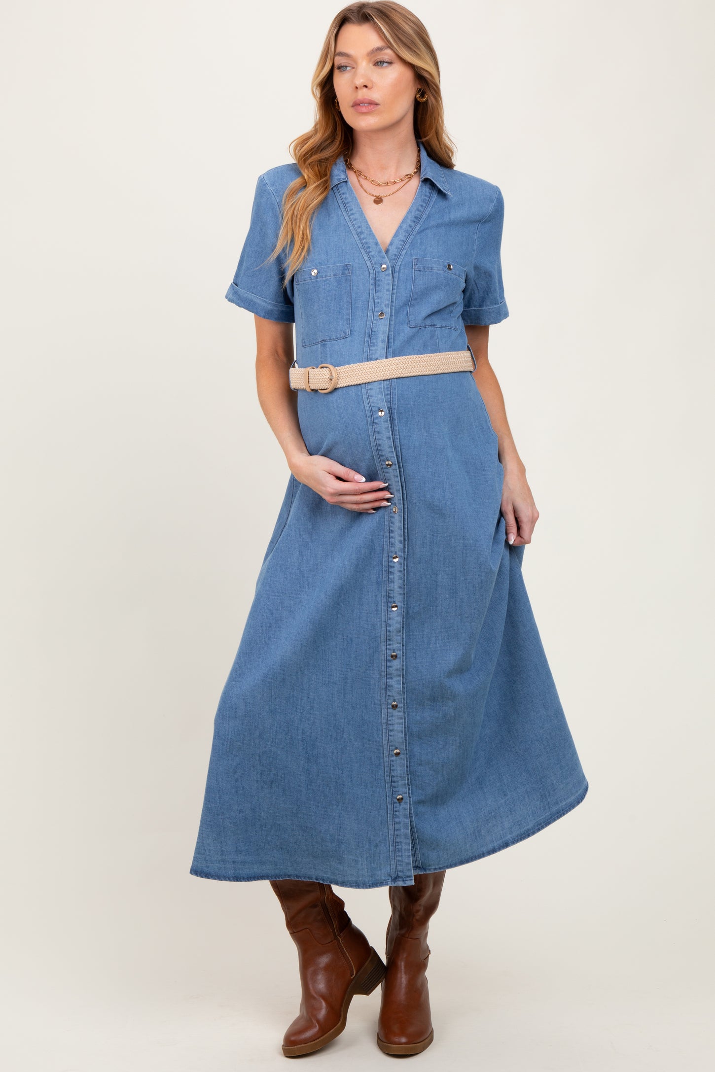 Blue Chambray Button Down Maternity Midi Shirt Dress