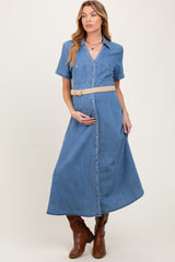 Blue Chambray Button Down Maternity Midi Shirt Dress