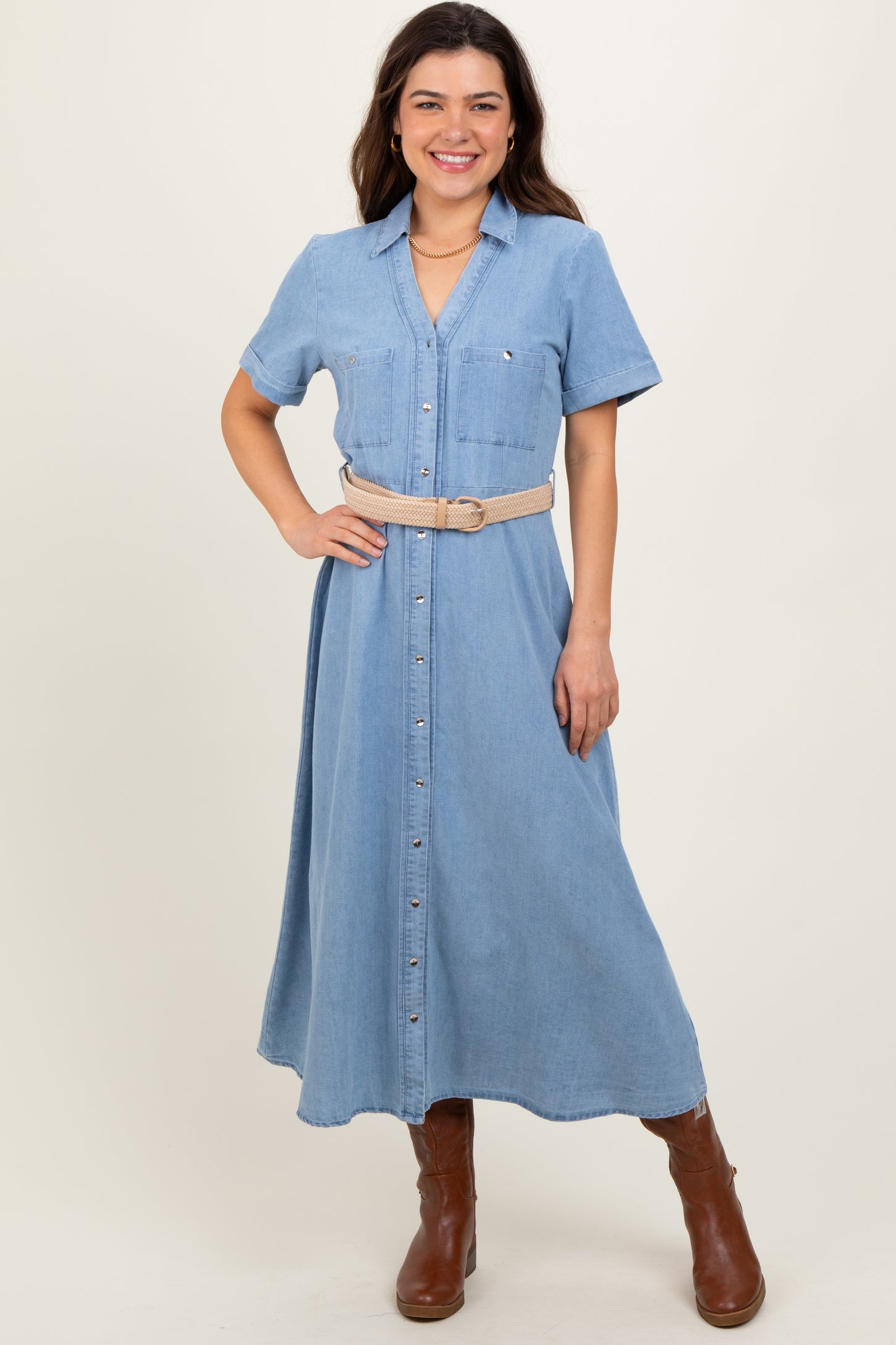 Light Blue Chambray Button Down Midi Shirt Dress