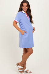 Blue Contrast Trim Maternity Mini Polo Dress