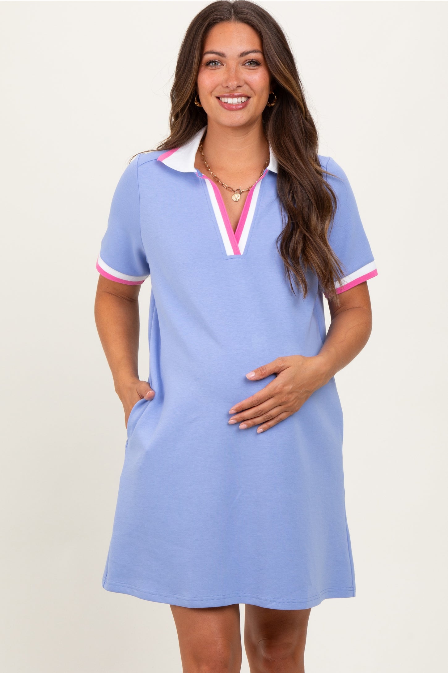 Blue Contrast Trim Maternity Mini Polo Dress