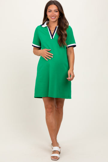 Green Contrast Trim Maternity Mini Polo Dress