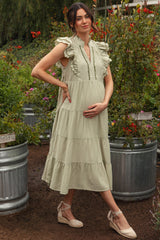 Light Olive Scallop Detail Tiered Maternity Midi Dress