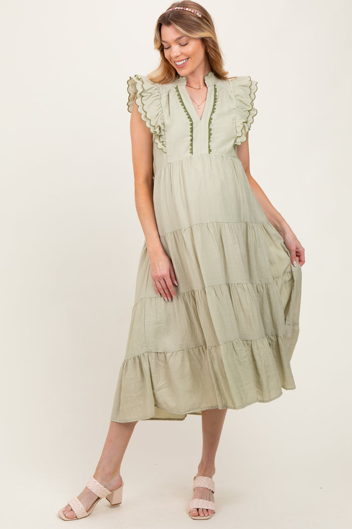Light Olive Scallop Detail Tiered Maternity Midi Dress