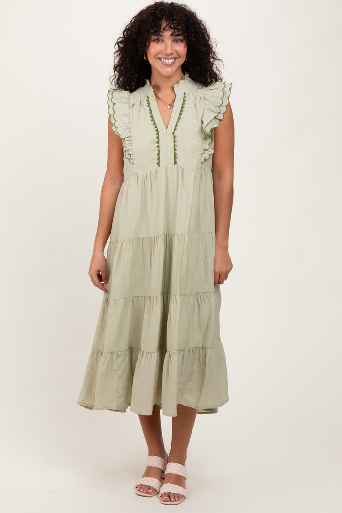 Light Olive Scallop Detail Tiered Maternity Midi Dress