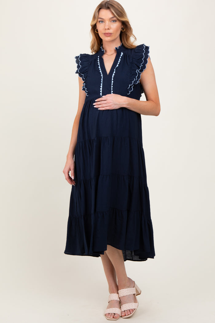 Navy Scallop Detail Tiered Maternity Midi Dress