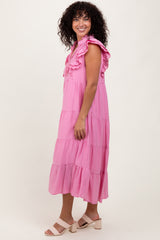 Pink Scallop Detail Tiered Midi Dress
