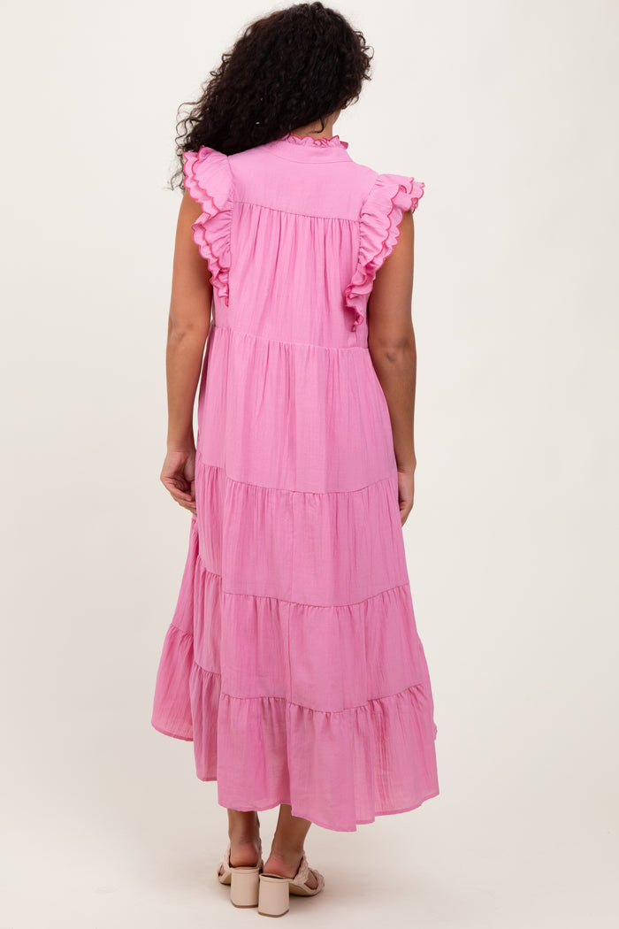Pink Scallop Detail Tiered Midi Dress