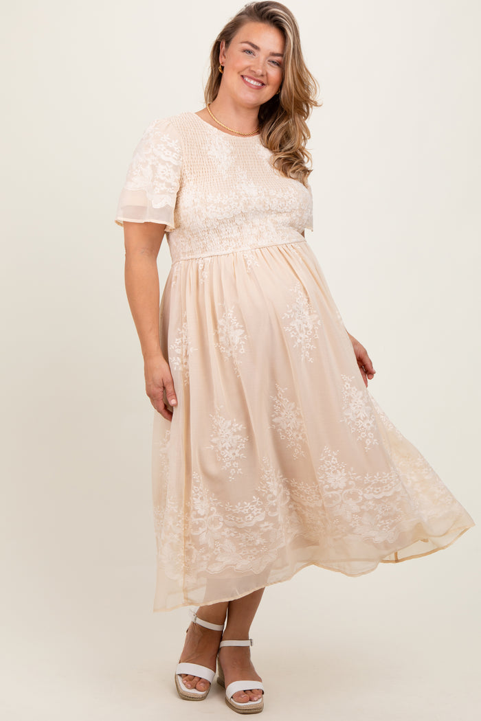 Cream Embroidered Smocked Maternity Plus Midi Dress