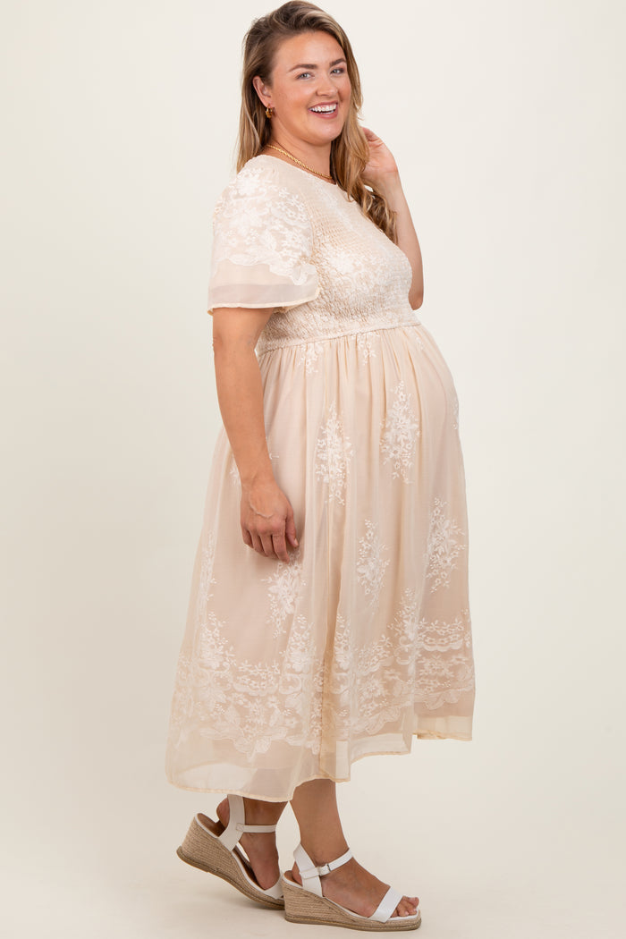 Cream Embroidered Smocked Maternity Plus Midi Dress