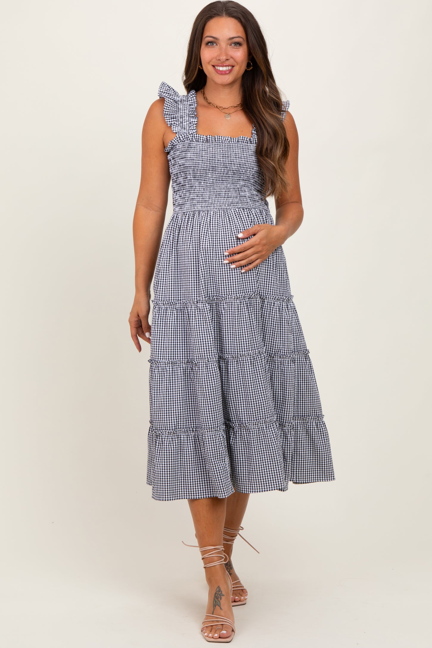 Black Gingham Ruffle Tiered Maternity Midi Dress