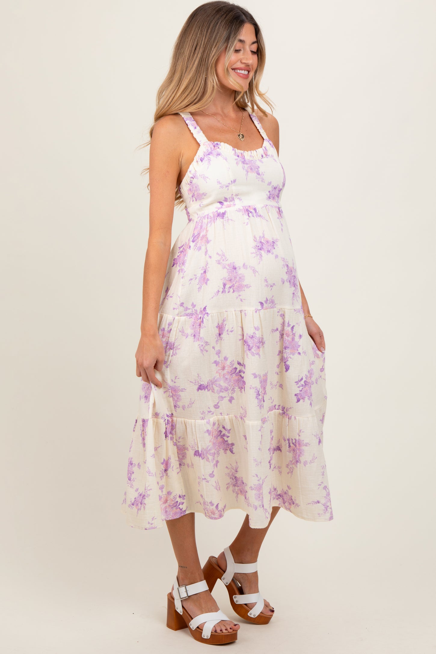 Cream Floral Tiered Crisscross Back Maternity Midi Dress