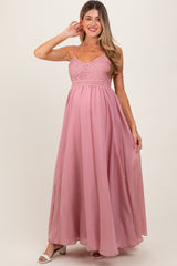 Mauve Crochet Bodice Maternity Maxi Dress