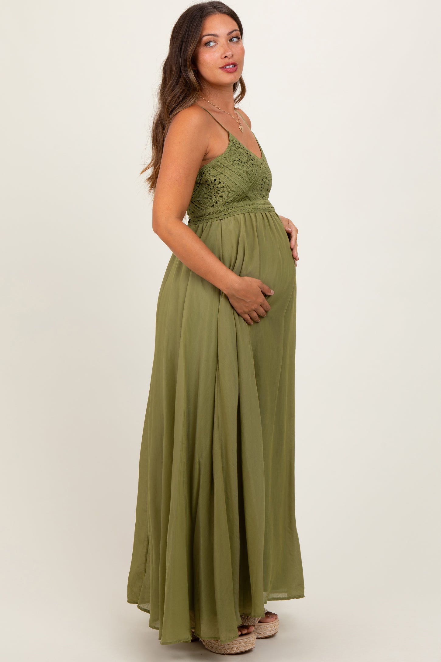 Green Crochet Bodice Maternity Maxi Dress