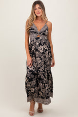 Black Floral Twist Front Cut Out Maternity Maxi Dress