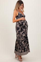 Black Floral Twist Front Cut Out Maternity Maxi Dress