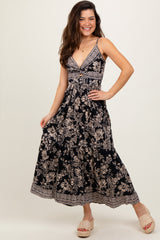 Black Floral Twist Front Cut Out Maternity Maxi Dress