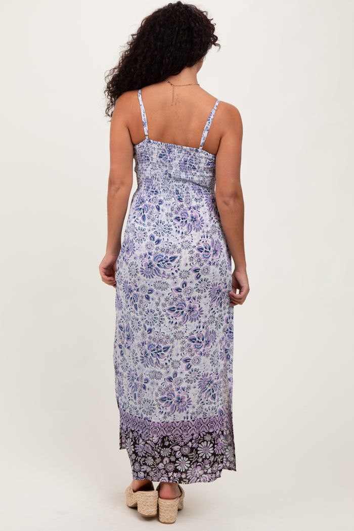Blue Floral Front Cutout Side Slit Maxi Dress