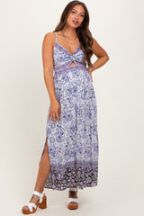 Blue Floral Front Cutout Side Slit Maternity Maxi Dress