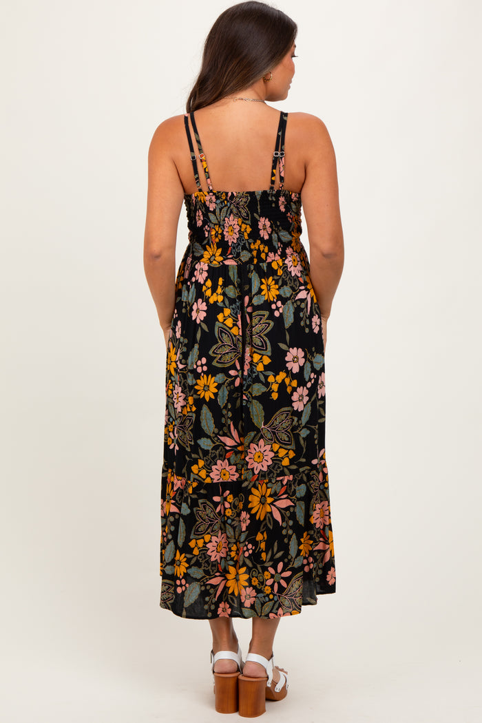Black Floral Lace Inset Maternity Midi Dress
