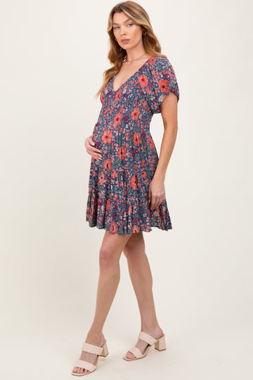 Blue Floral Smocked V-Neck Flutter Sleeve Maternity Dress