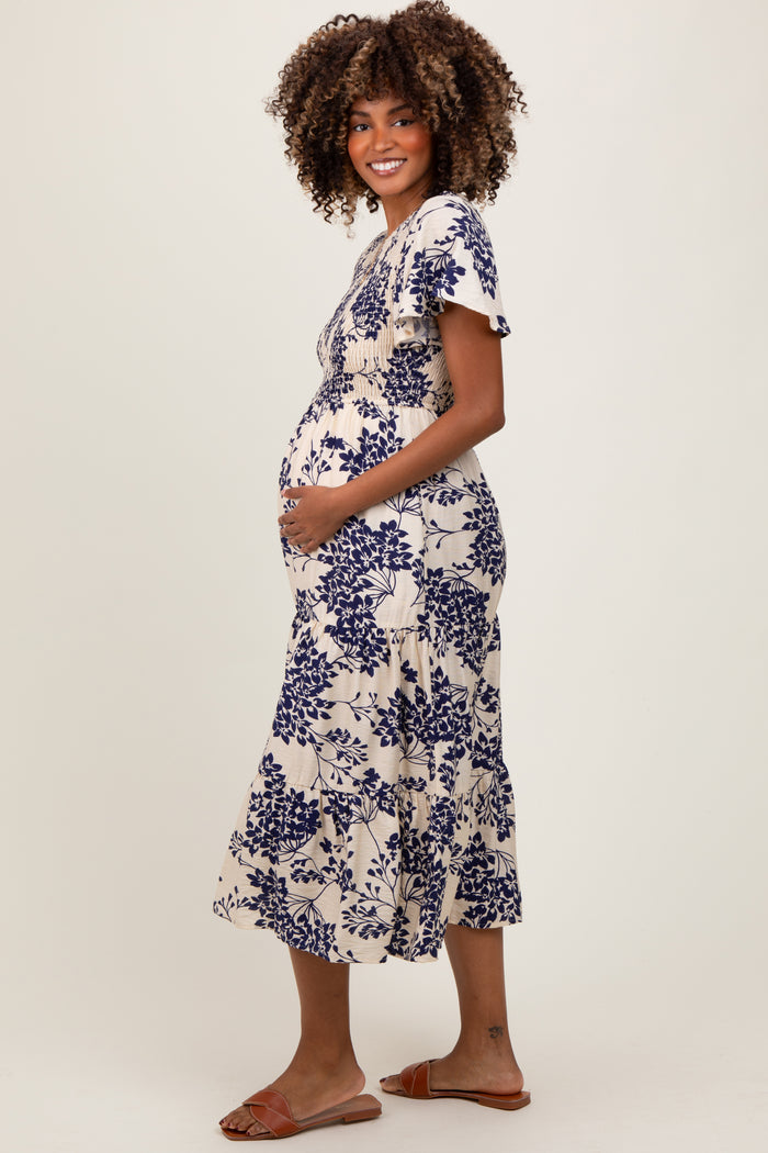 Navy Floral Smocked Ruffle Hem Maternity Midi Dress