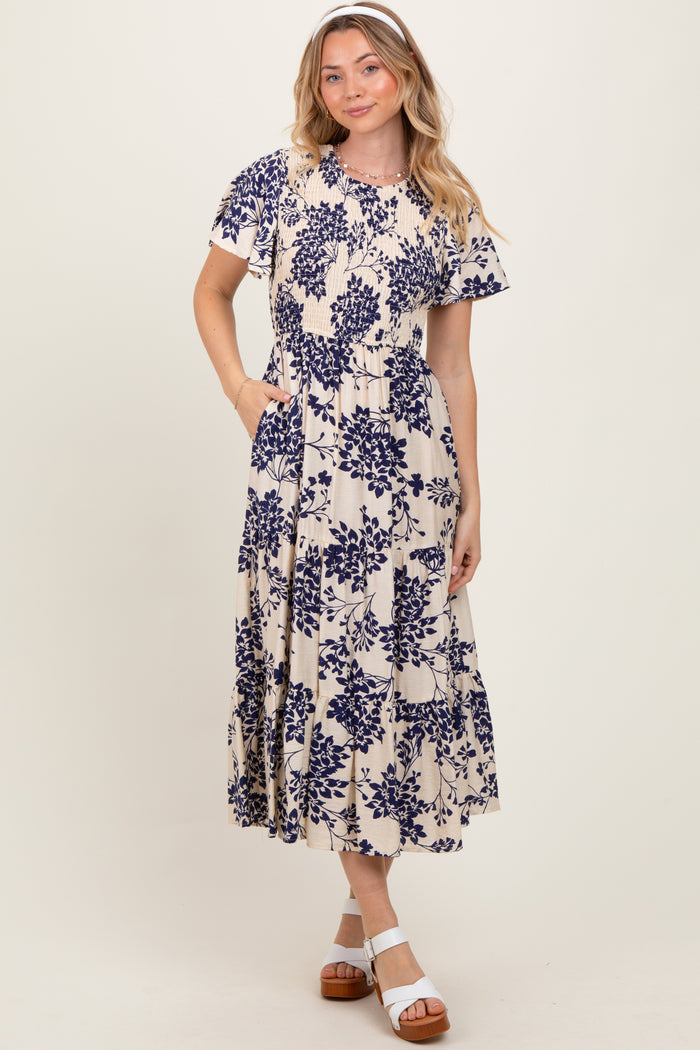 Navy Floral Smocked Ruffle Hem Maternity Midi Dress