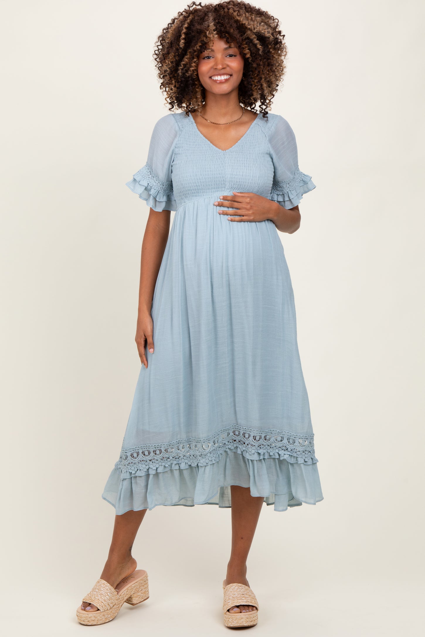 Light Blue Smocked Crochet Ruffle Trim Maternity Midi Dress