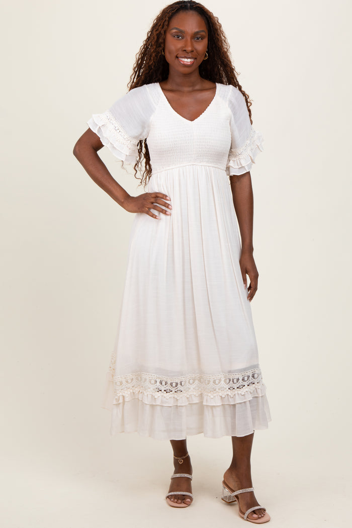 Cream Smocked Crochet Ruffle Trim Midi Dress