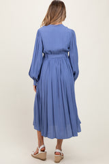 Blue Belted Long Sleeve Maternity Maxi Dress