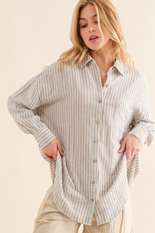 Blue Stripe Oversized Button Down Shirt