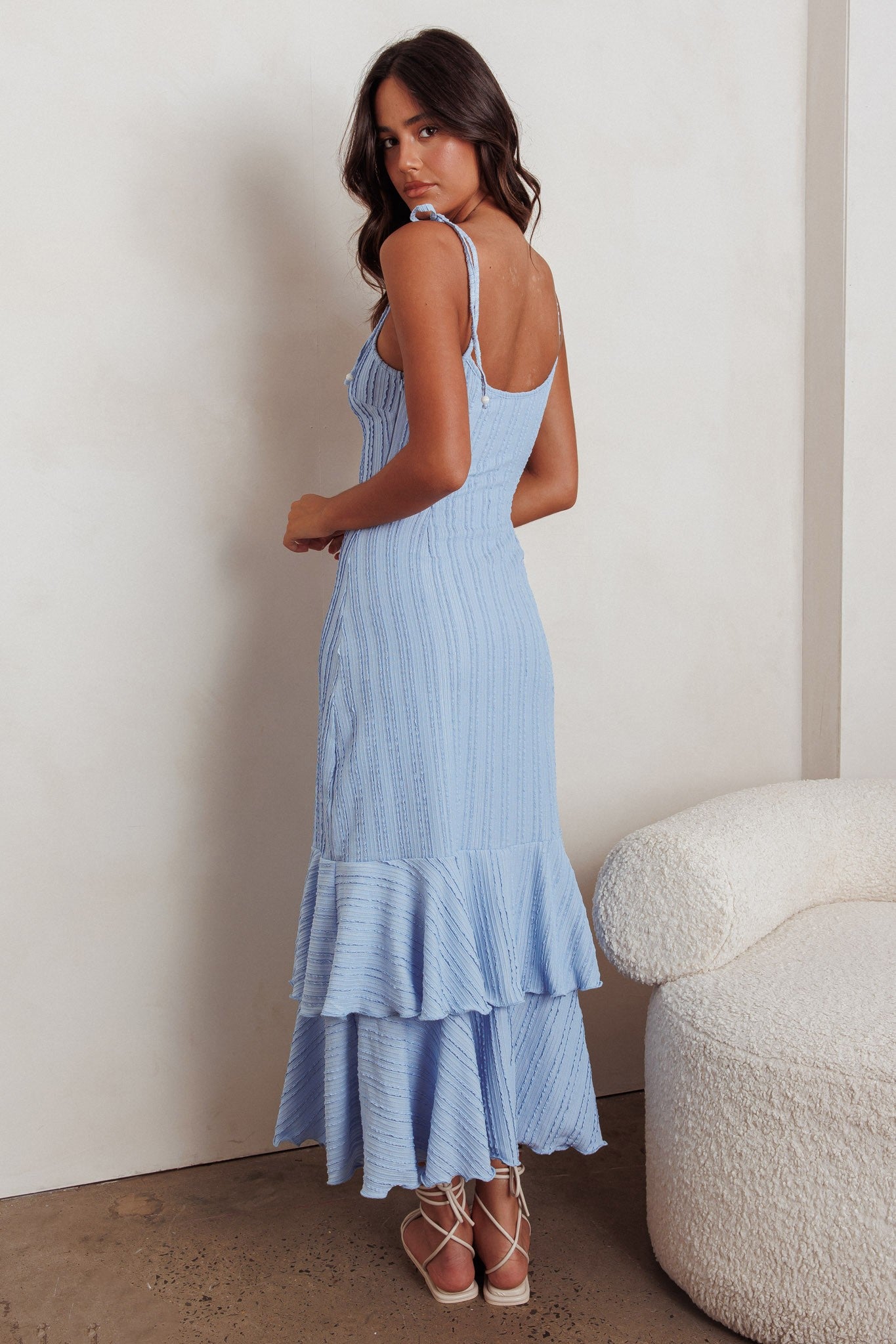 Blue Textured Shoulder Tie Layered Hem Maxi Dress