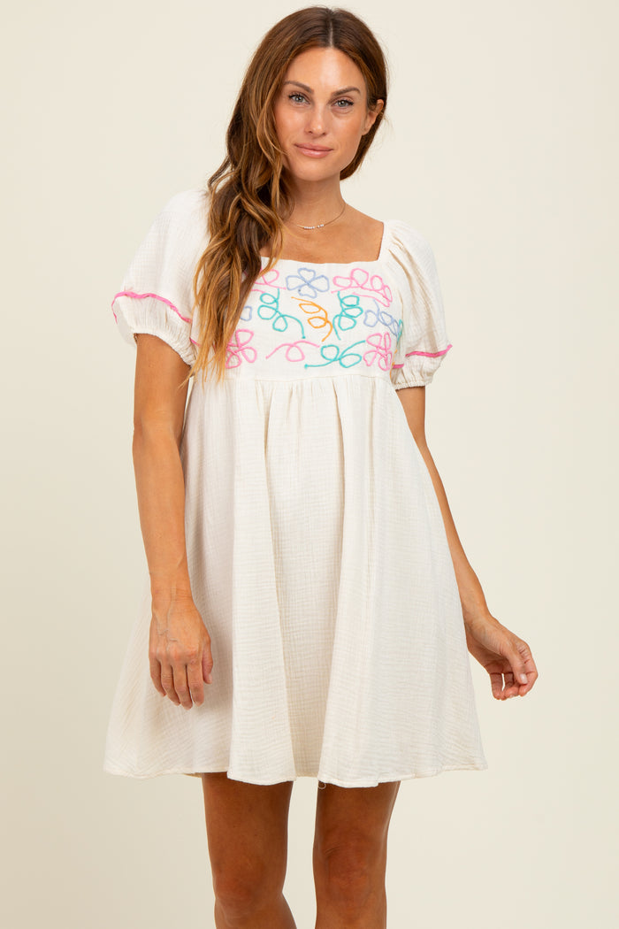 Cream Embroidered Cotton Gauze Maternity Mini Dress
