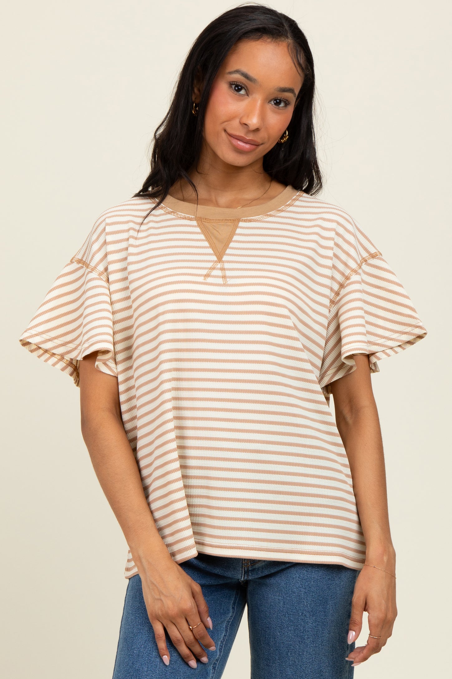 Light Taupe Striped Ribbed Relaxed Short Sleeve Top