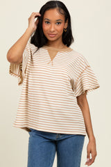 Light Taupe Striped Ribbed Relaxed Short Sleeve Top