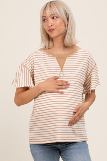 Light Taupe Striped Ribbed Relaxed Short Sleeve Maternity Top