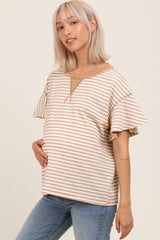 Light Taupe Striped Ribbed Relaxed Short Sleeve Maternity Top