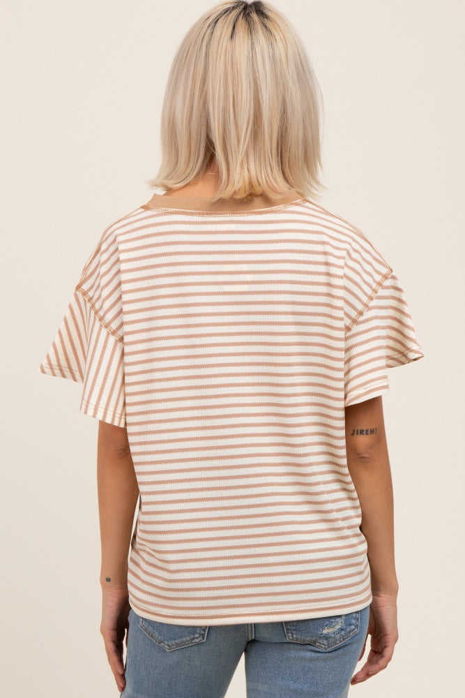 Light Taupe Striped Ribbed Relaxed Short Sleeve Maternity Top