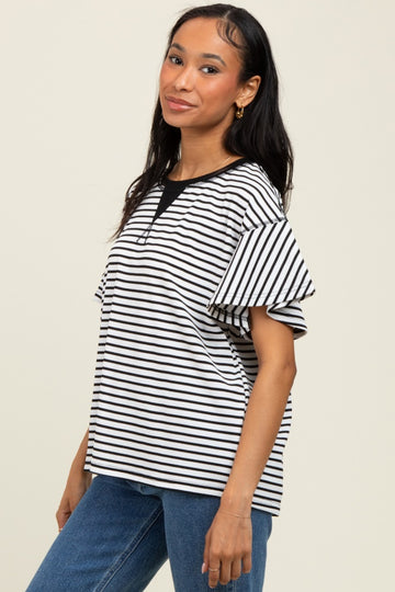 Black Striped Ribbed Relaxed Short Sleeve Top