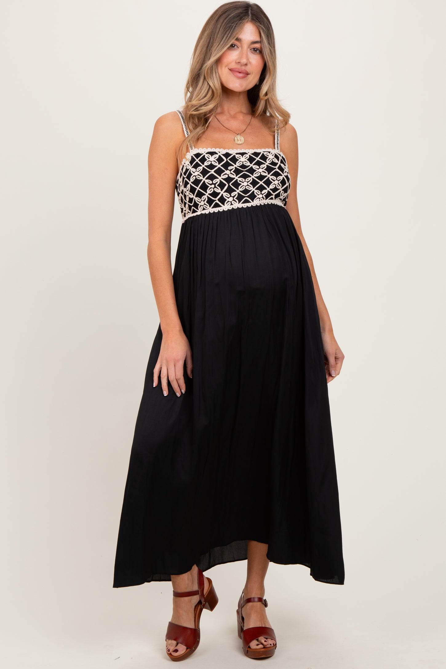 Black Embroidered Bodice Maternity Maxi Dress
