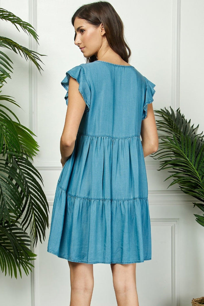Blue Flutter Sleeve Tiered Dress
