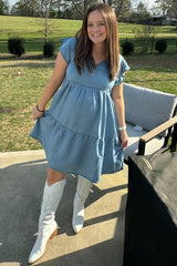 Blue Flutter Sleeve Tiered Maternity Dress