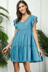 Blue Flutter Sleeve Tiered Dress