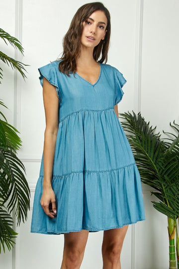 Blue Flutter Sleeve Tiered Dress