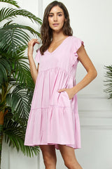 Light Pink Flutter Sleeve Tiered Maternity Dress